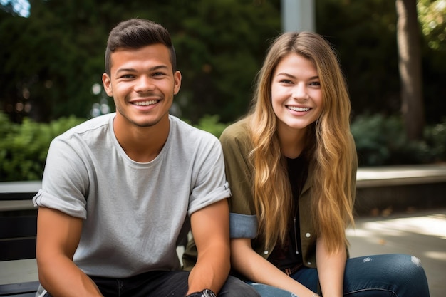 Retrato de dos estudiantes sonrientes sentados afuera en el campus creado con inteligencia artificial generativa