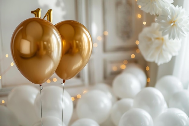 Retrato de dos globos de helio flotantes de oro