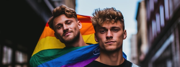 Foto retrato de dos hombres con una bandera lgbt