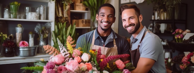 Retrato de dos hombres felices trabajando en una floristería