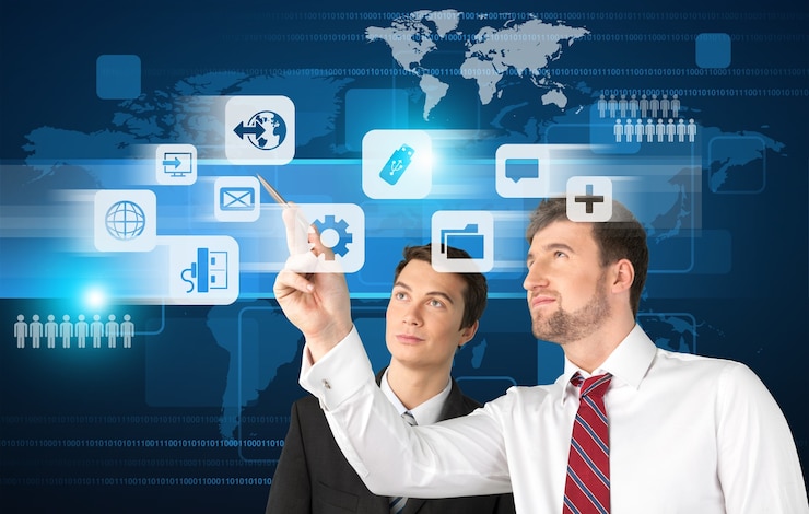 Foto retrato de dos hombres de negocios trabajando juntos, concepto de comunicaciones internacionales
