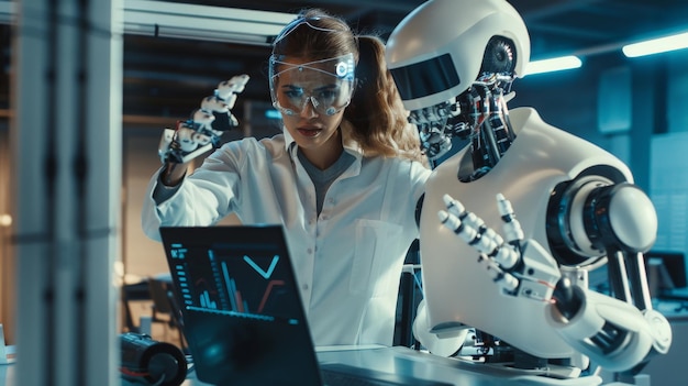 Foto retrato de dos ingenieros felices, una mujer y un hombre, que usan una computadora portátil para analizar y discutir cómo proceder con el software de inteligencia artificial, charlando casualmente en la oficina de investigación de alta tecnología.