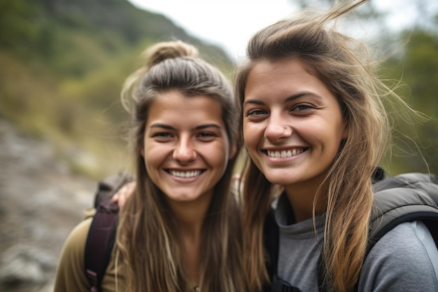 Retrato de dos jóvenes amigas sonriendo mientras salen de excursión juntas creado con ai generativo