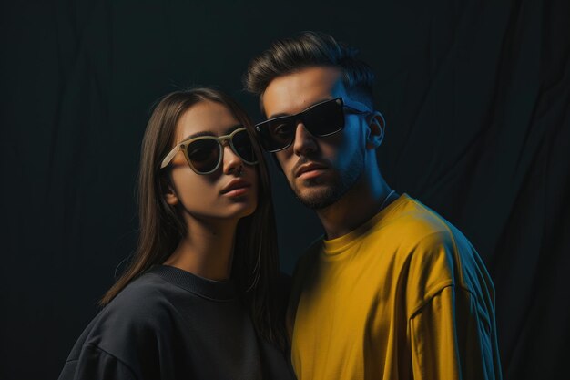 Retrato de dos jóvenes creativos con gafas de sol y posando con flash