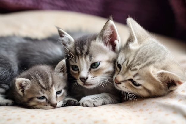 Un retrato de dos jóvenes gatitos junto a su madre.