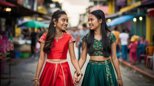 Retrato de dos jóvenes y hermosas chicas adolescentes indias o del sur de Asia en vestido caminando juntas por St.