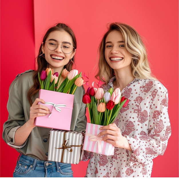 Retrato de dos jóvenes muy alegres sonriendo con flores