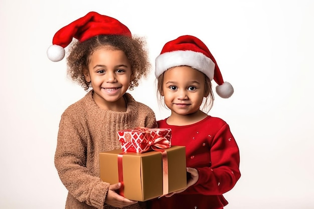 Foto retrato de dos lindos niños negros americanos con sombreros de papá noel sosteniendo un regalo de navidad en un blanco