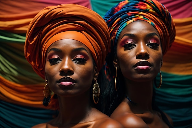 Retrato de dos mujeres africanas con turbantes Diseño del Mes de la Historia Negra