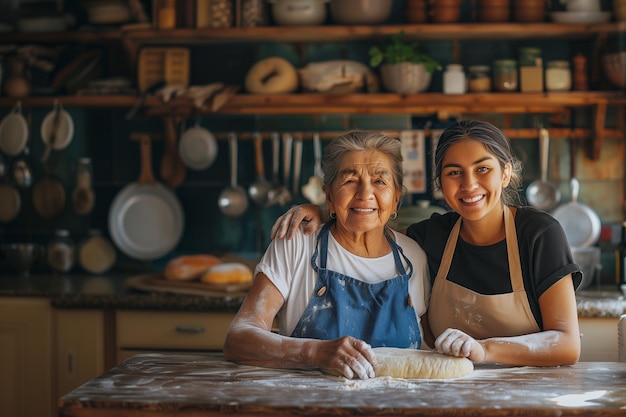 Foto retrato de dos mujeres alegres, una abuela jubilada y una nieta adulta, abrazadas en la mesa de la cocina.