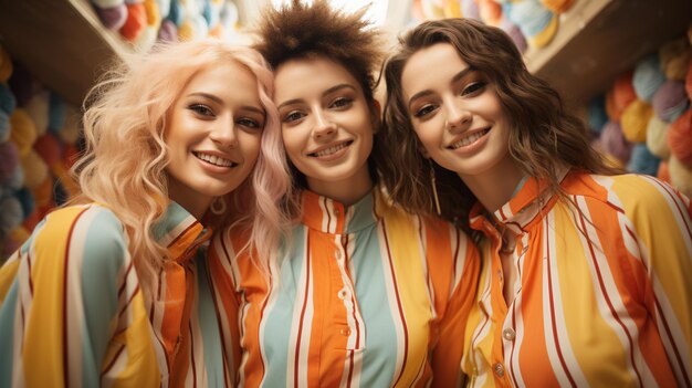 retrato de dos mujeres jóvenes hermosas sonrientes con ropa de moda mirando a la cámara en el estudio