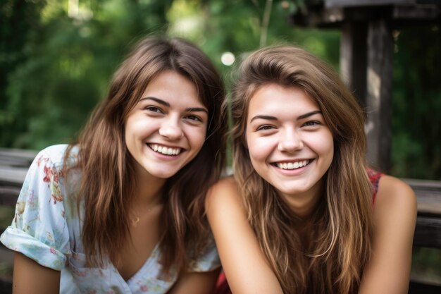 Retrato de dos mujeres jóvenes sonrientes sentadas afuera