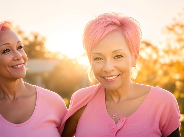Retrato de dos mujeres sobrevivientes de cáncer de mama que parecen esperanzadas y positivas sobre su futuro