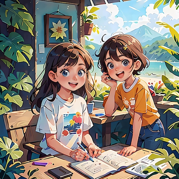 retrato de dos niñas estudiando en casa