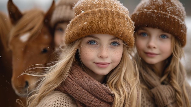 retrato de dos niñas pequeñas con sombreros de punto en el fondo de invierno IA generativa