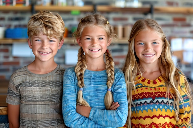 Retrato de dos niñas sonrientes y un niño de 10 a 12 años de edad