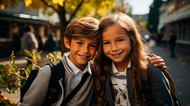 retrato de dos niños felices y sonrientes caminando por la calle en otoño