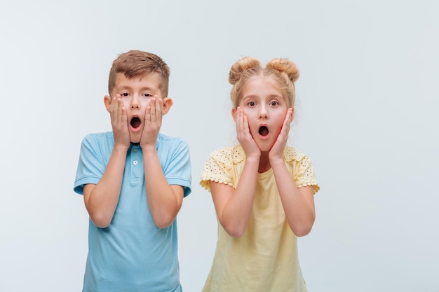 Retrato de dos niños sorprendidos niña y niño mirando a la cámara con expresión facial sorprendida ...