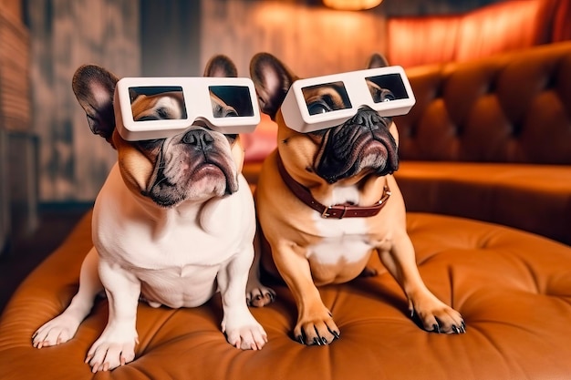 Retrato de dos perros con gafas 3D sentados en el sofá y viendo una película