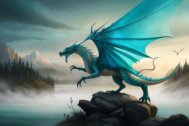 Retrato de dragón amistoso de fantasía Obra de arte surrealista de dragón de peligro de la mitología medieval