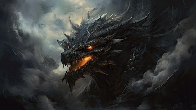 Retrato de dragón negro en humo y fuego