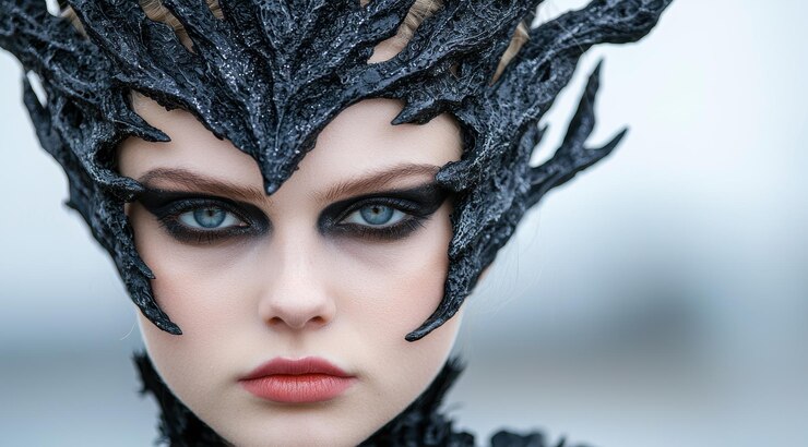 Foto retrato dramático de fantasia de inverno de uma mulher com maquiagem escura e chifres