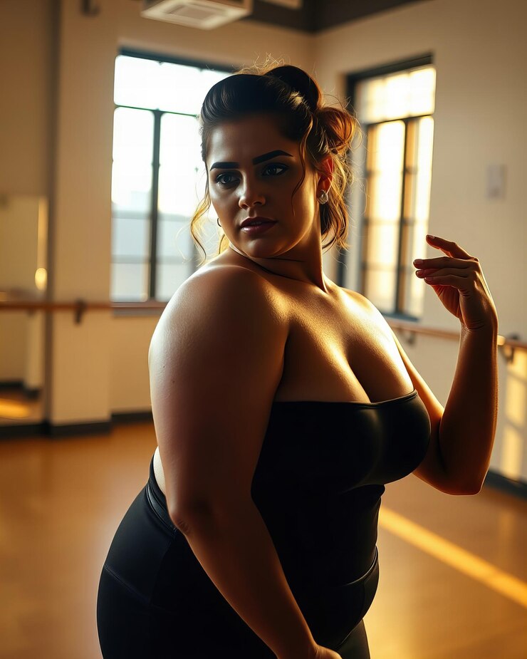Foto retrato dramático de uma mulher plusized em um estúdio de ballet com intensa iluminação hora de ouro um