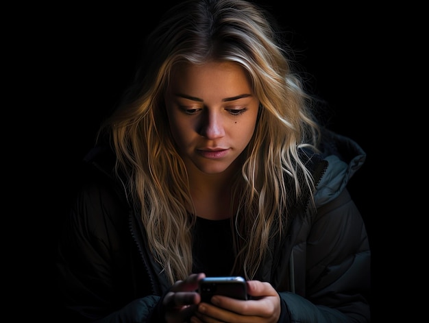 Foto retrato dramático de uma mulher usando um smartphone em fundo escuro