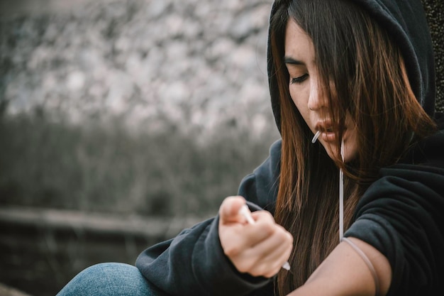 Foto retrato, de, drogadicto, mujer asiática