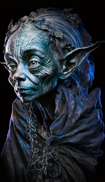 Retrato de un duende elfo con tela de seda que fluye translúcida fantasía de lapir lazuli líquido