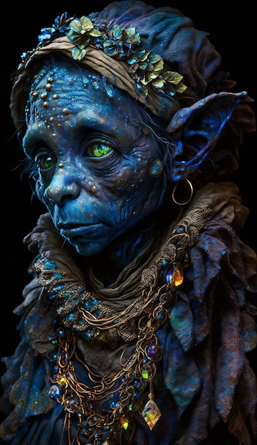 Retrato de un duende elfo con tela de seda que fluye translúcida fantasía de lapir lazuli líquido