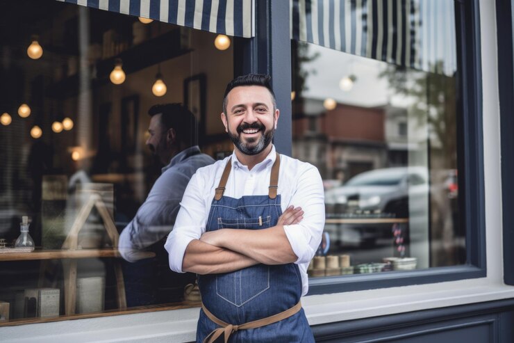 Retrato del dueño de un negocio feliz parado frente a su nueva tienda creada con ai generativa