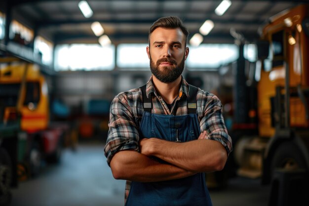 Retrato del dueño de una tienda de reparación de camiones con los brazos cruzados mirando a la cámara
