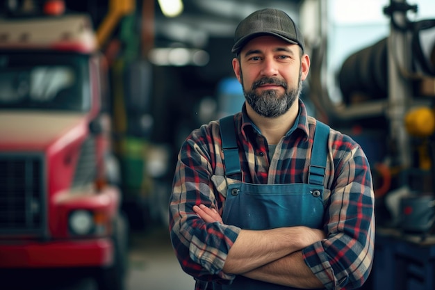 Retrato del dueño de una tienda de reparación de camiones con los brazos cruzados mirando a la cámara