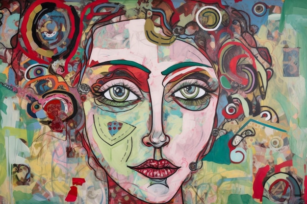 Retrato ecléctico de una mujer con una mezcla de estilos al estilo Outsider Art