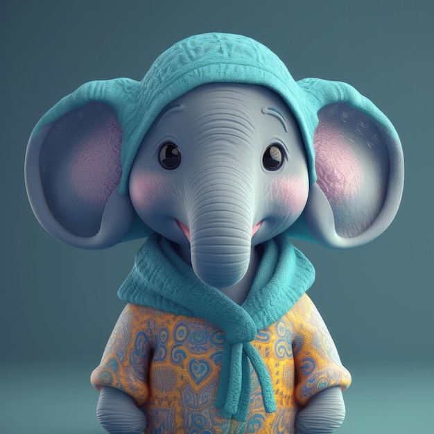 Retrato de elefante de dibujos animados en 3D con ropa, gafas, sombrero, chaqueta, de pie delante