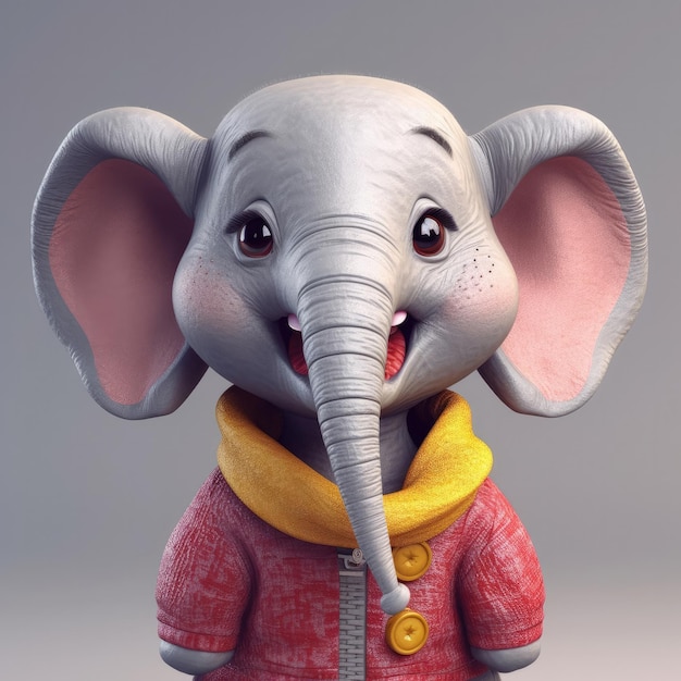 Retrato de elefante de dibujos animados en 3D con ropa, gafas, sombrero, chaqueta, de pie delante