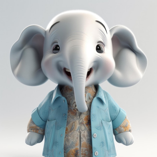 Retrato de elefante de dibujos animados en 3D con ropa, gafas, sombrero, chaqueta, de pie delante