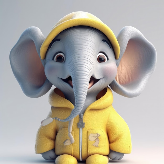 Retrato de elefante de dibujos animados en 3D con ropa, gafas, sombrero, chaqueta, de pie delante