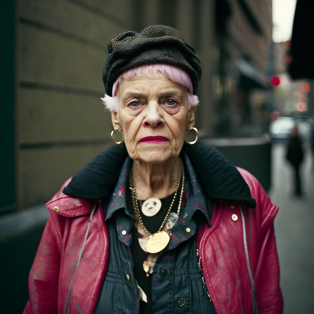 Retrato de una elegante anciana con cabello rosado en una calle de la ciudad