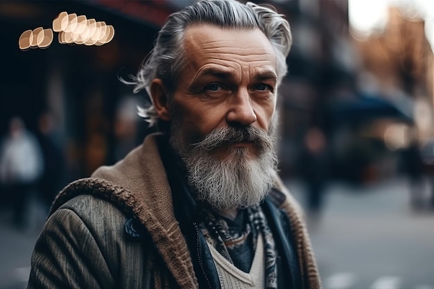 Retrato de elegante anciano barbudo jubilado en la calle AI generativa