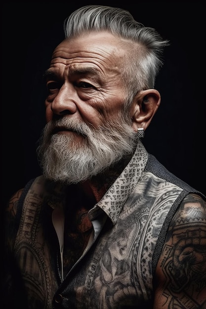 Retrato de elegante anciano jubilado barbudo en tatuajes sobre fondo negro AI generativa