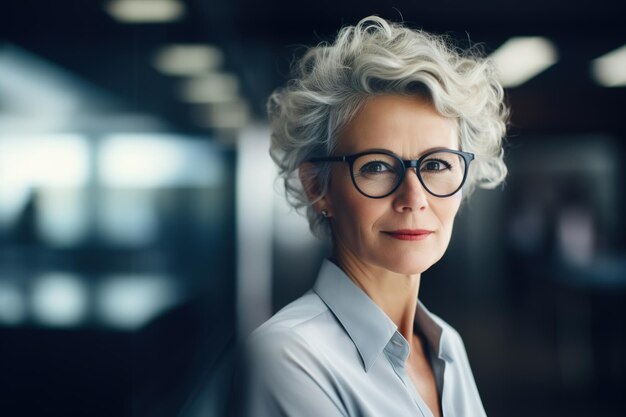 Retrato elegante y confiada mujer de negocios de mediana edad jefe con camisa y gafas de pie en la oficina caucásica mujer de negocios mayor con peinado gris en el interior con espacio de copia