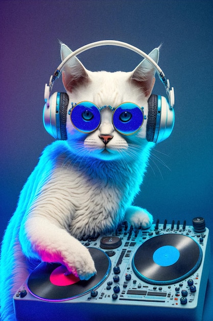 Retrato elegante de ilustração antropomórfica de dj bonito gato textura granular