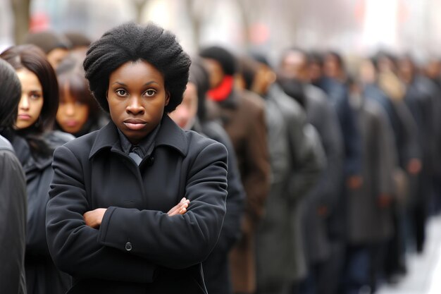 Retrato elegante de mulher de pele escura com penteado volumoso em uma rua urbana