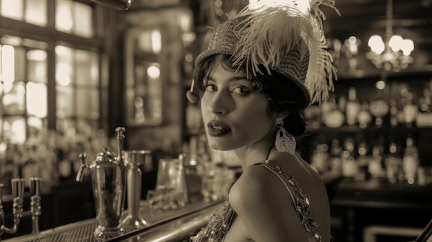 Foto retrato elegante de uma mulher em vestido vintage dos anos 20 com chapéu de penas em luxuoso bar antiquado em tom monocromático com toque de sepia
