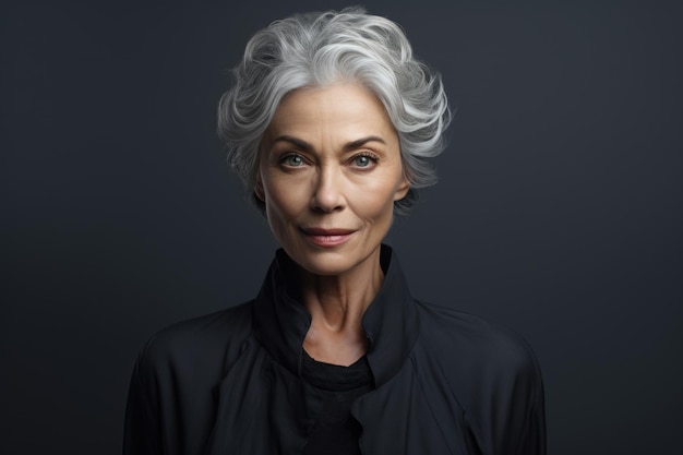 Retrato elegante e moderno de mulher em idade de aposentadoria antienvelhecimento idade avançada cabelos grisalhos glamour moda idosa personalidade confiante maturidade atraente geração mais velha