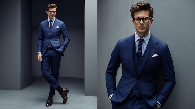 Retrato de un elegante y elegante hombre de negocios vestido con un elegante traje azul posando