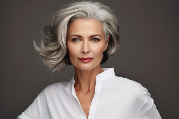 Retrato elegante y con estilo de mujer en edad de jubilación antienvejecimiento edad avanzada cabello de color gris glamour moda de edad avanzada personalidad segura madurez atractiva generación mayor