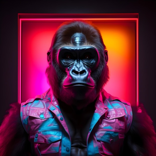 Retrato de un elegante gorila con gafas de sol en estudio sobre un fondo oscuro